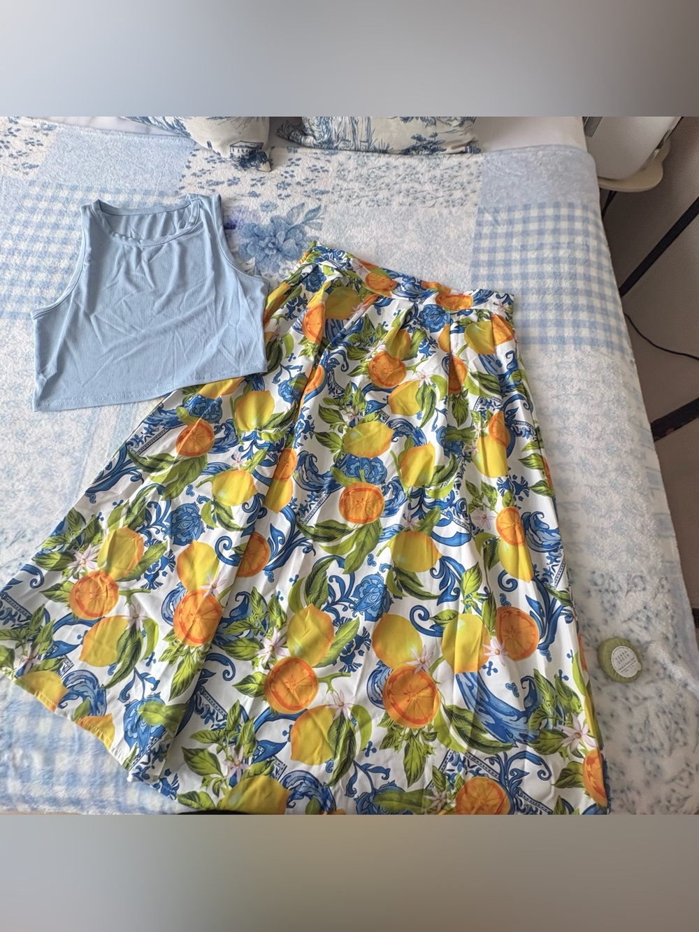 SHEIN Yellow Orange Blue Lemon-Print Maxi Skirt Never Used